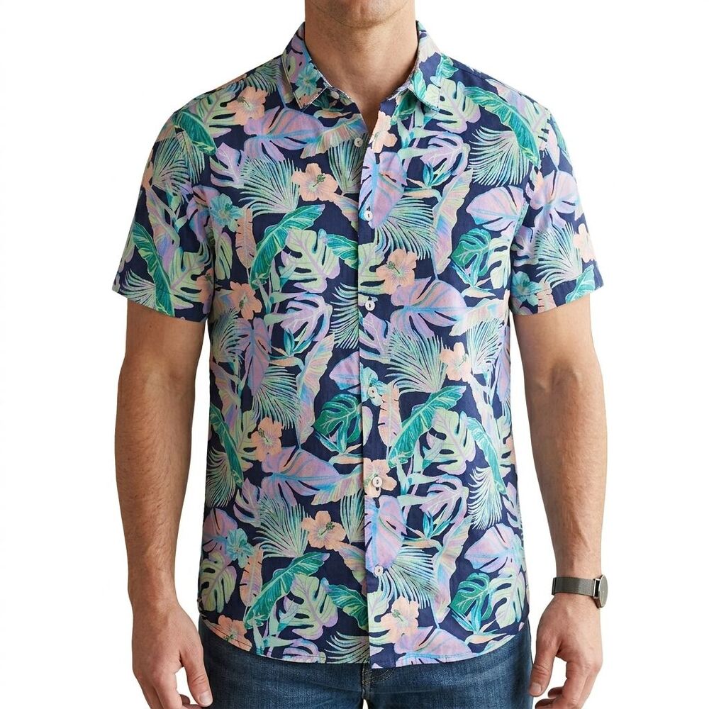 Chubbies Night Fauna Performance Polo Shirt Mens Medium Blue Tropical Button Up